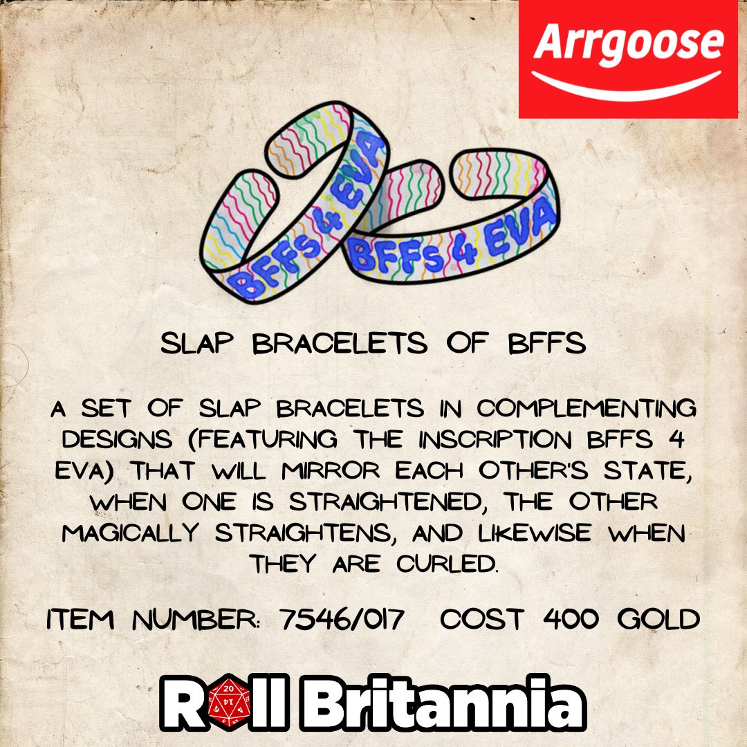RollBritannia's tweet photo. Join us as we dive deep into the Arrgoose Catalogue! This week we have a favourite of Jeff and Derek the Slap Bracelets of BFFS - Do you have a BFF to share this item with? - Arrg-Oose
#dnd #dnditems #magicalitem #dndmagicitems #arrgoose #angrygoose https://t.co/JeOF6HtjOW