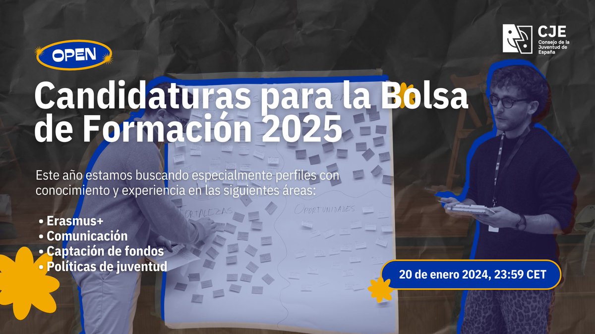 _CJE_'s tweet photo. 🙌🏼 ¡Abierto el plazo para presentar candidaturas a nuestra Bolsa de Formación!

Este año buscamos especialmente perfiles con conocimiento y experiencia en las áreas:

��� Erasmus+
📢 Comunicación
💰 Captación de fondos
🫂 Políticas de juventud

🔗 https://t.co/I8Az18v0qf https://t.co/7ty5xmDmyU
