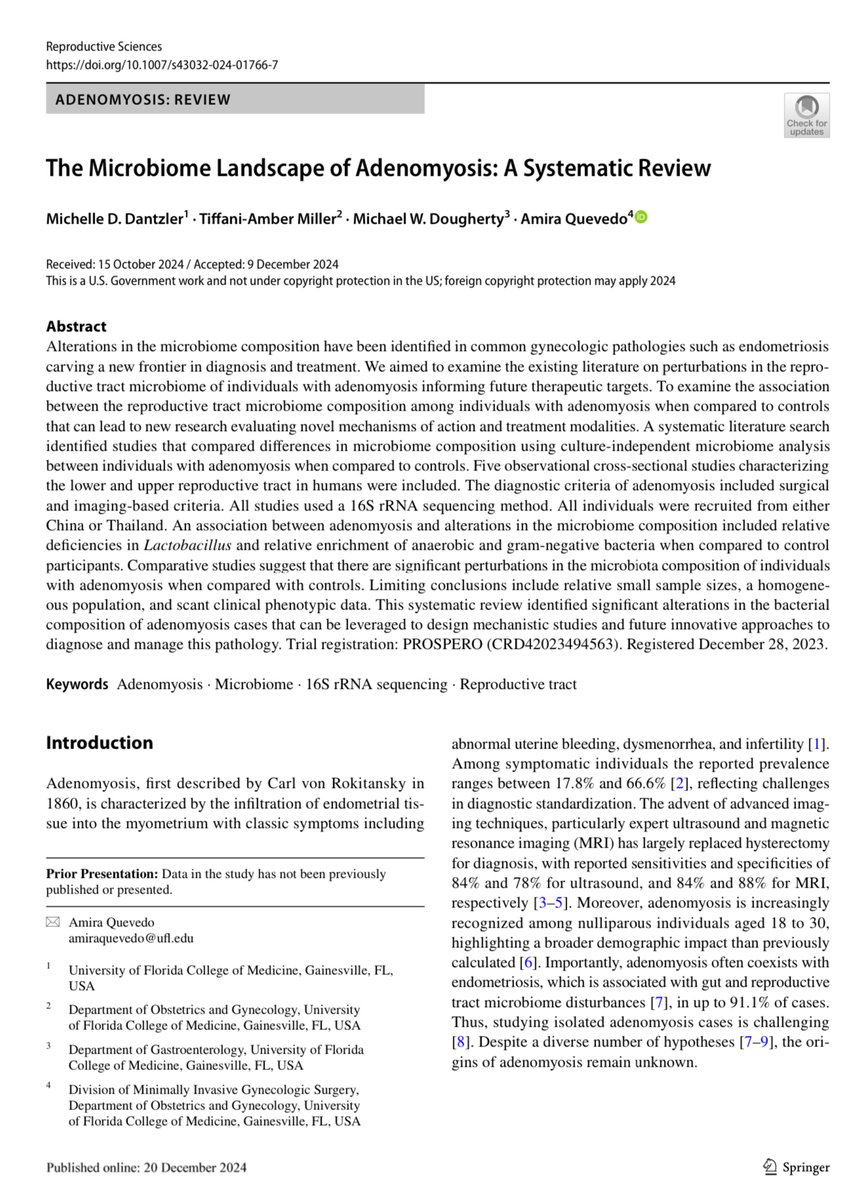 latest #research on the #microbiome in #adenomyosis.  Further research should focus on how the microbes get there and what metabolites they are making to effect the clinical phenotypes <a href="/SpringerNature/">Springer Nature</a> in <a href="/ReproSciences/">Reproductive Sciences</a> 
Check out the article❤️: rdcu.be/d4mPm
