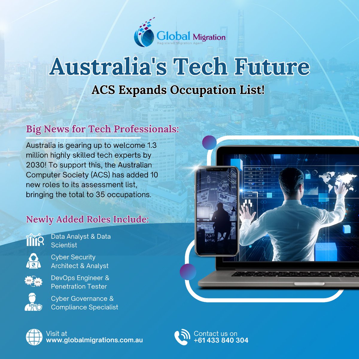 Global_aus's tweet image. Australia is set to welcome 1.3M skilled tech professionals by 2030! ACS expands its scope, adding 10 new roles, including Cyber Security Architect, Data Scientist, and DevOps Engineer. 

#TechMigration #ACSUpdate #AustraliaJobs #CyberSecurity #DataScience