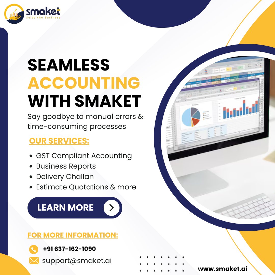 SmaketSolutions's tweet image. Unlock the power of seamless accounting with Smaket&apos;s #GSTBillingSoftware!

Say goodbye to manual errors and time-consuming processes—automate your invoicing, tax filing, and more.
(1/2)