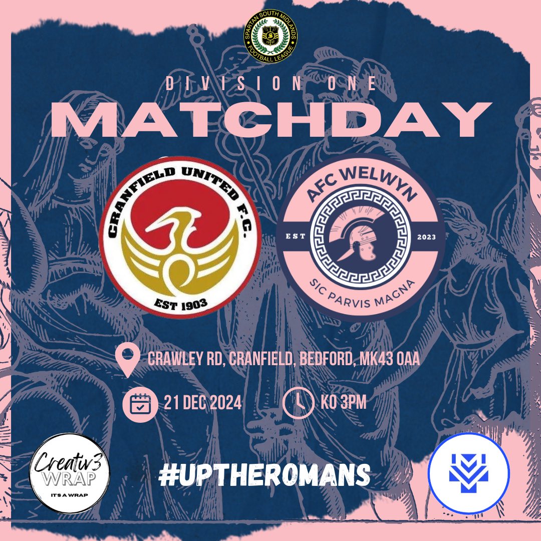 AFC Welwyn (@afc_welwyn) on Twitter photo • M A T C H D A Y •
🆚 <a href="/CranfieldUnited/">Cranfield United FC</a>
🕒 3pm KO
🏟️ Crawley Road, Cranfield, Bedford, MK43 0AA
#uptheromans • M A T C H D A Y •
🆚 <a href="/CranfieldUnited/">Cranfield United FC</a>
🕒 3pm KO
🏟️ Crawley Road, Cranfield, Bedford, MK43 0AA
#uptheromans