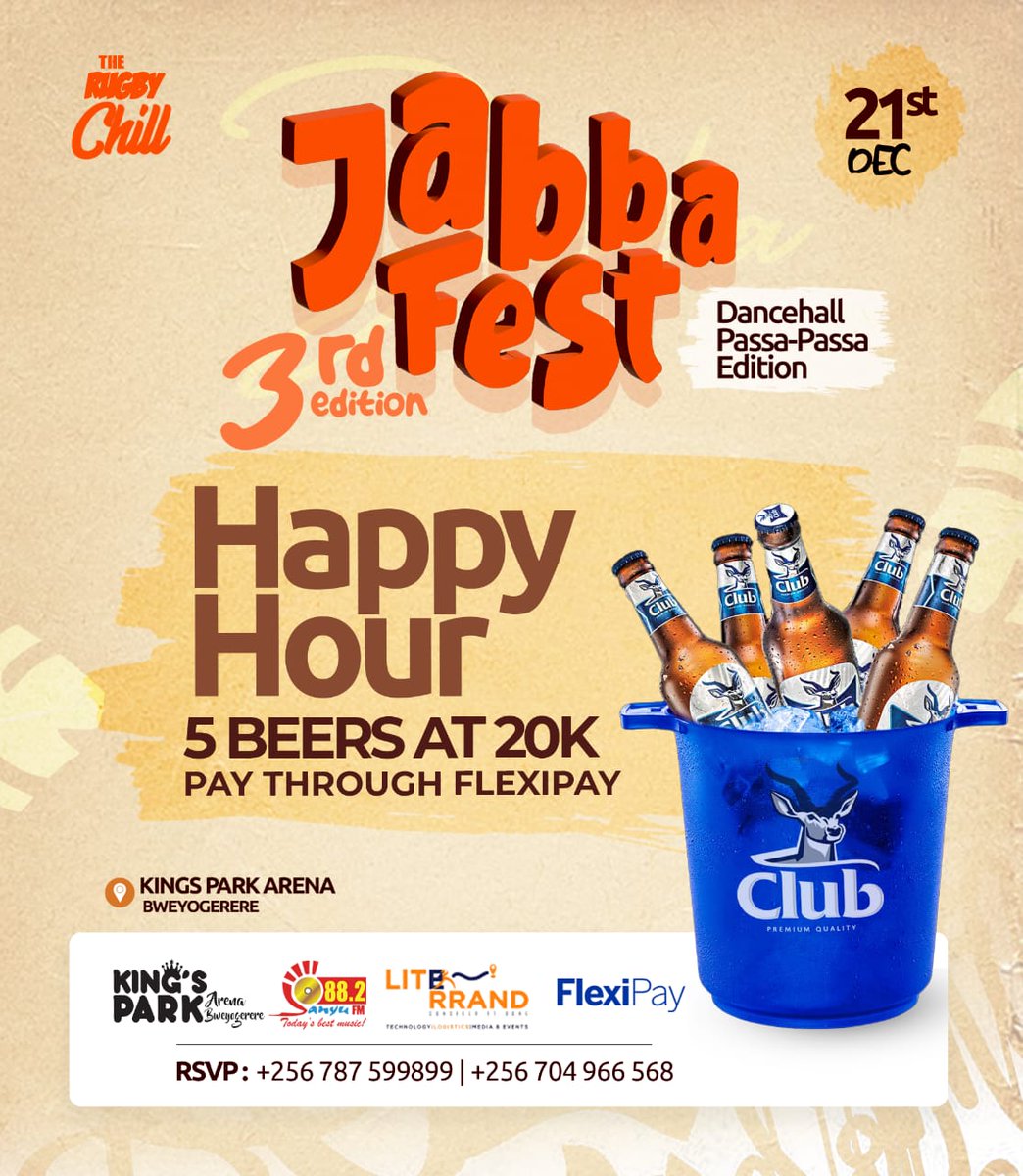 Ossie Events (@ossieevents) on Twitter photo Right about Now
Don't miss your way to <a href="/Kingsparkarena/">King's Park Arena</a> for #Jabbafest brought to you by
<a href="/882SanyuFM/">88.2 Sanyu FM</a>
<a href="/tellbrandsUG/">tell Brands UG</a>
@JabbaFest_UG
<a href="/TheRugbyChill/">The Rugby Chill®️</a>
Happy Hours special Offer available: 5 Beers <a href="/20k/">kate</a>, use #Flexipay to pay
See you all there for the #Alumnireunion Right about Now
Don't miss your way to <a href="/Kingsparkarena/">King's Park Arena</a> for #Jabbafest brought to you by
<a href="/882SanyuFM/">88.2 Sanyu FM</a>
<a href="/tellbrandsUG/">tell Brands UG</a>
@JabbaFest_UG
<a href="/TheRugbyChill/">The Rugby Chill®️</a>
Happy Hours special Offer available: 5 Beers <a href="/20k/">kate</a>, use #Flexipay to pay
See you all there for the #Alumnireunion