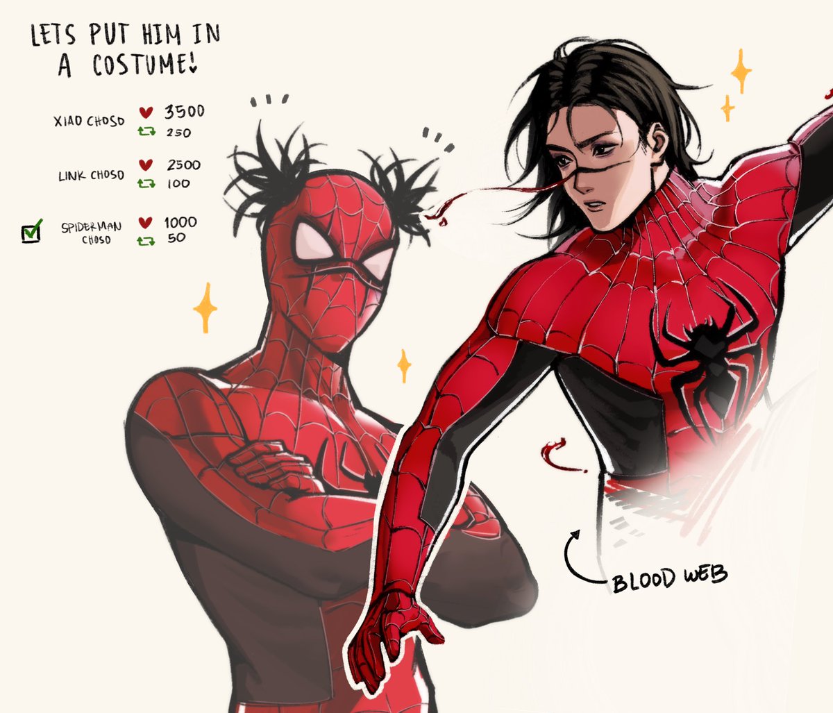 I planned to add a Peter Parker high school Choso but I’m late with it so ill do that later 😭