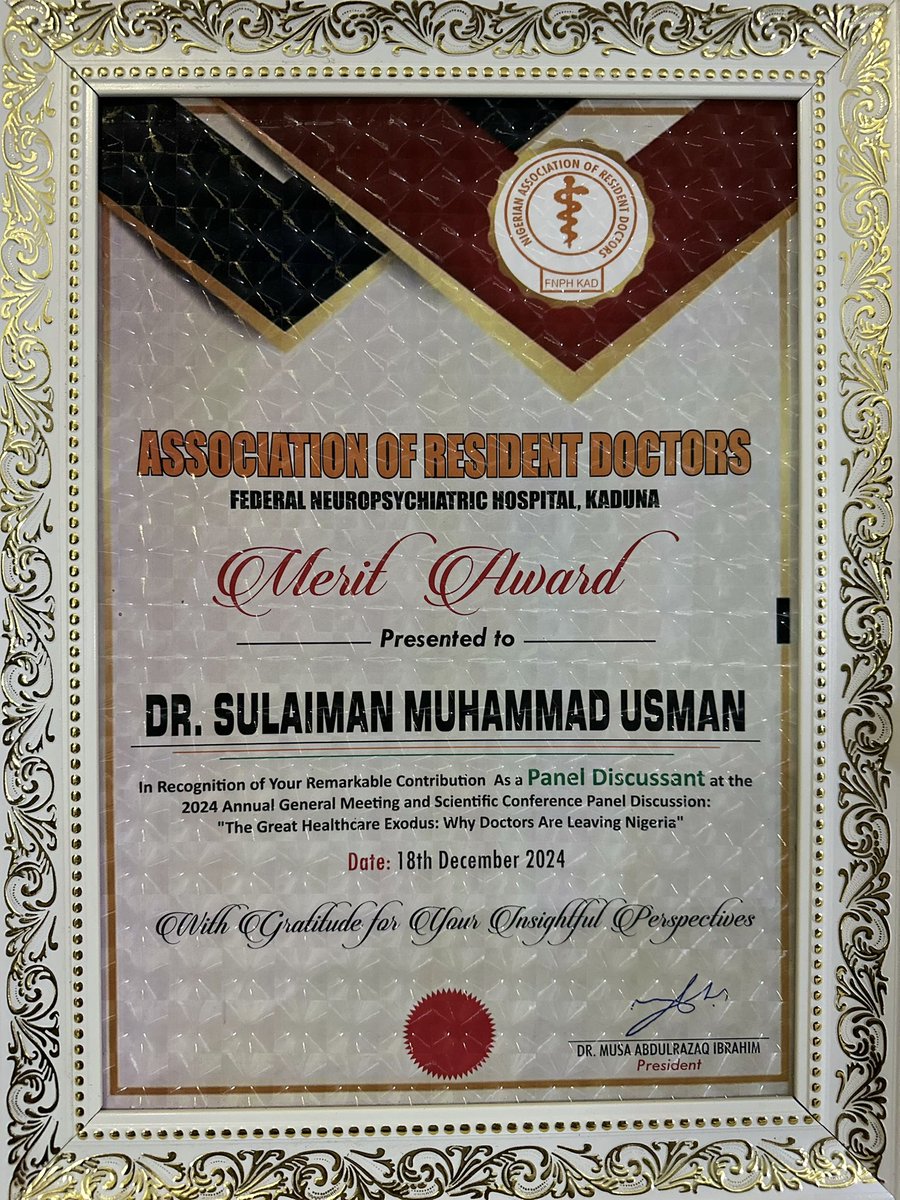mohagirei's tweet photo. Thank you to Association of Resident Doctors, Federal Neuro-Psychiatric Hospital Kaduna.

Thank you for the Merit award.

Thank you for inviting me to be part of the Panel Discussion on why Doctors are leaving Nigeria and how to solve it, during the Association’s Annual General Meeting.

It was a marvelous experience.

Thank you my friend and brother Musa Abdulrazaq