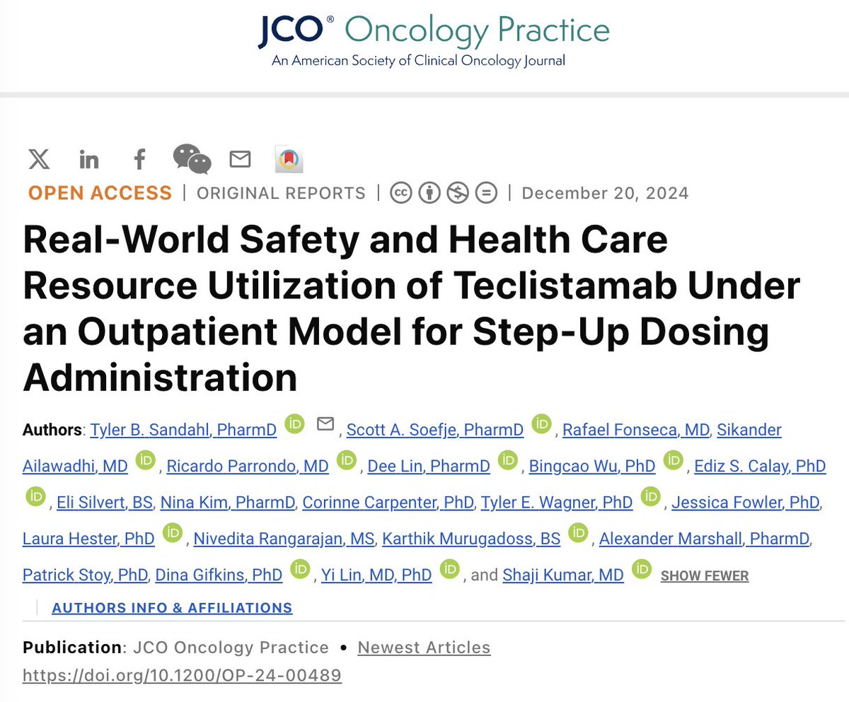 Rahul Banerjee, MD, FACP (@rahulbanerjeemd) on Twitter photo Great to see in <a href="/JCOOP_ASCO/">JCO Oncology Practice</a> - Mayo experience with outpt teclistamab step-up dosing in #MMsm.
This is where the field is headed, and impressive to see how quickly <a href="/MayoMyeloma/">Mayo Myeloma</a> campuses moved there - and how much this ⬇️ time toxicity for patients!
ascopubs.org/doi/10.1200/OP… Great to see in <a href="/JCOOP_ASCO/">JCO Oncology Practice</a> - Mayo experience with outpt teclistamab step-up dosing in #MMsm.
This is where the field is headed, and impressive to see how quickly <a href="/MayoMyeloma/">Mayo Myeloma</a> campuses moved there - and how much this ⬇️ time toxicity for patients!
ascopubs.org/doi/10.1200/OP…