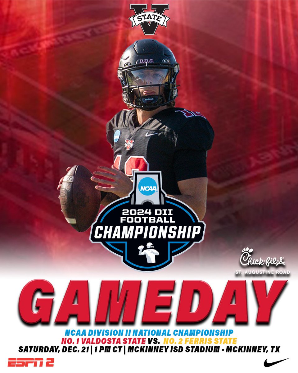 Valdosta State Football (@vstate_football) on Twitter photo ๐๐๐ฉ๐ฉ๐ฎ ๐๐๐ข๐๐๐๐ฎ๐๐ฅ
NCAA National Championship
๐ Ferris State
๐ 1:00 PM CT 
๐McKinney ISD Stafium, McKinney Tx
๐บ ESPN 2 
#GOBLAZERS๐ฅ | #WTS | #TitleTownUSA ๐๐๐ฉ๐ฉ๐ฎ ๐๐๐ข๐๐๐๐ฎ๐๐ฅ
NCAA National Championship
๐ Ferris State
๐ 1:00 PM CT 
๐McKinney ISD Stafium, McKinney Tx
๐บ ESPN 2 
#GOBLAZERS๐ฅ | #WTS | #TitleTownUSA