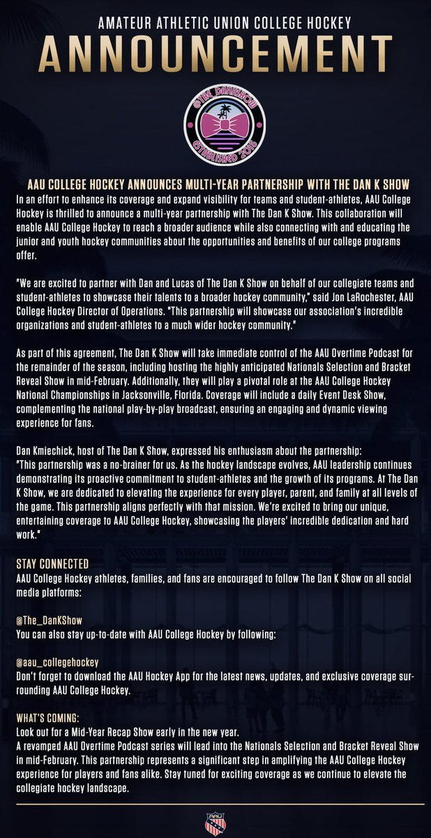 🚨AAU Signs Multi-Year Deal With Dan K Show🚨<a href="/The_DanKShow/">DanKShow</a> <a href="/hockeyhousepod/">Hockey House</a> <a href="/GameSheetInc/">GameSheet Inc.</a> <a href="/TheRealAAU/">AAU Sports</a>