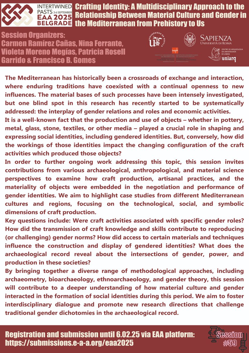 Join us in Belgrade for the 31st Annual Meeting of the <a href="/archaeologyEAA/">European Association of Archaeologists</a> at Session #59 - Crafting Identity, organized by <a href="/carmen22897/">Catmen</a>, <a href="/violetamormeg/">Violeta Moreno</a>, Nina Ferrante, Patricia Rosell, and myself, supported by <a href="/age_eaa/">Archaeology and Gender in Europe | EAA Community</a> and the ComTex community. The Call for Papers is open now!