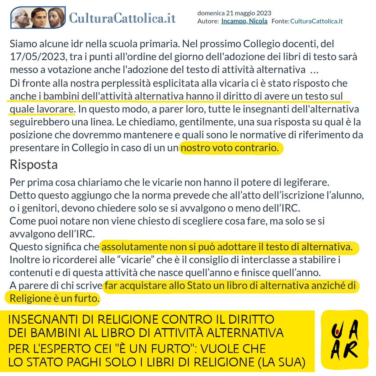 UAAR_it's tweet photo. I docenti di religione vogliono opporsi al principio che "anche i bambini dell'attività alternativa hanno il diritto di avere un testo sul quale lavorare". Per l'esperto Cei Nicola Incampo il Collegio docenti "non può assolutamente adottare il testo di alternativa". 1/2 https://t.co/hxWgOa1igN
