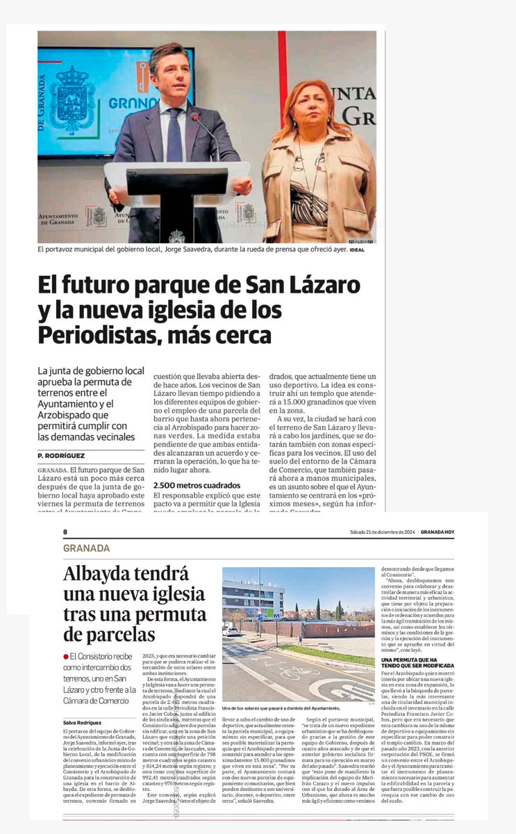 🔓Desbloqueamos un expediente que permitirá un intercambio de parcelas entre el Arzobispado y el <a href="/aytogr/">Ayuntamiento de Granada</a> para construir una Iglesia en Albayda y, además, cumplir con una antigua demanda de su nuevo parque de los vecinos de San Lázaro

#Cumplimos💙