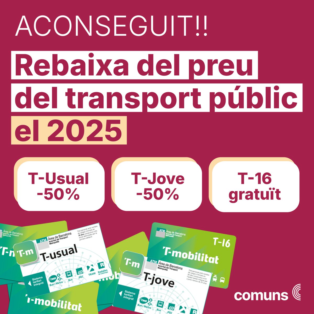 Ho hem aconseguit: 2025 tornarà a ser l'any del transport públic👏

Perquè fomentar el transport públic i apostar per la rebaixa de preus és de sentit comú.

I ara més que mai necessitem polítiques valentes com aquesta per fer front a una crisi climàtica que cada cop es fa més