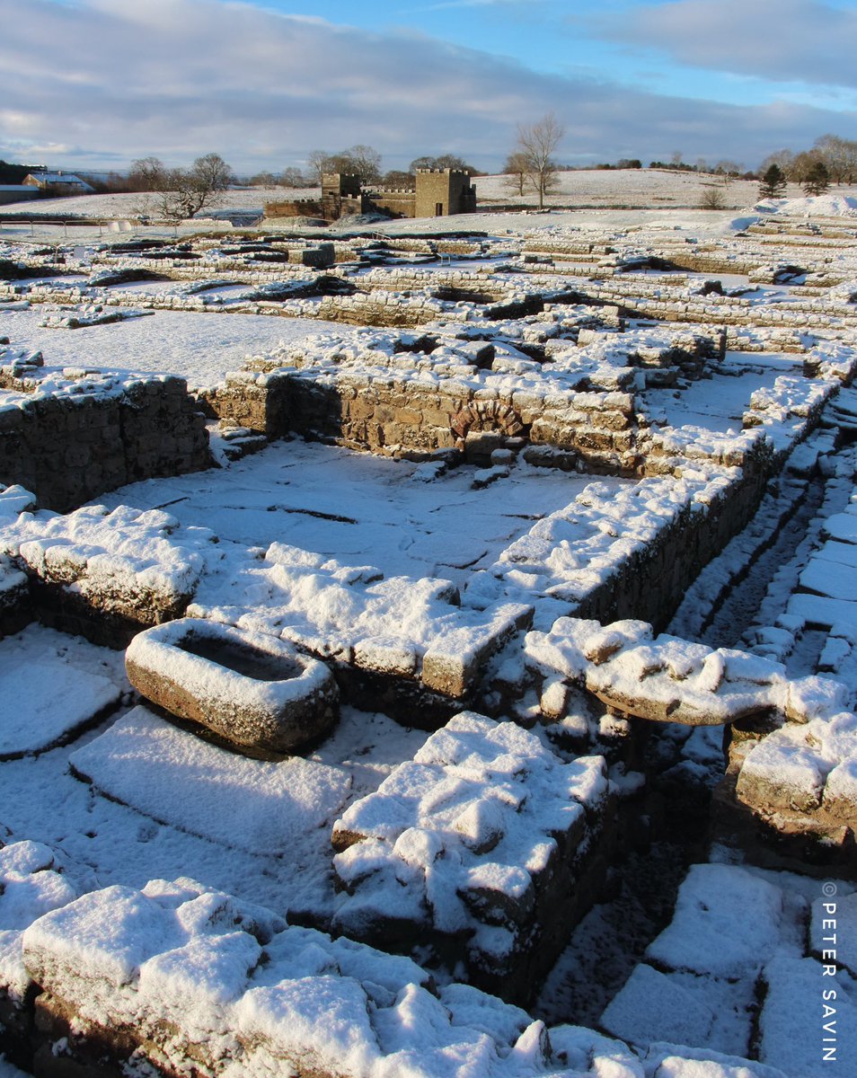 A snowy view over the commanding officers house at #Vindolanda fort just south of Hadrian’s Wall. The stone trough in the foreground sits inside the private latrine room which must have been rather chilly in winter. #Hadrianswall #archaeology