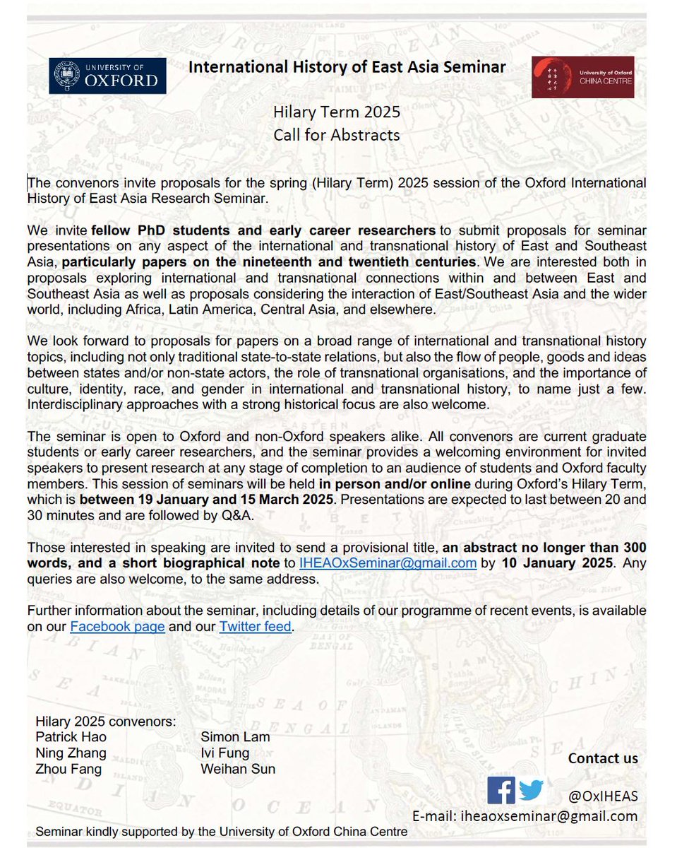 The Call for Papers for the Spring (Hilary Term) 2025 Session of the International History of East Asia Seminar at the University of Oxford is out now - please share widely!