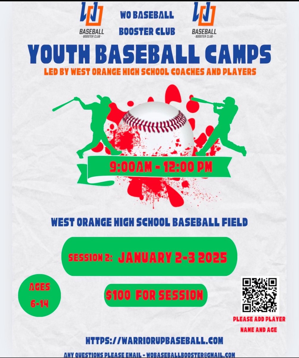 Only 1 week left to register for this camp

Please share POST NEW YEARS CAMP
Please share POST NEW YEARS CAMP

⚾️BASEBALL CAMP ALERT⚾️
⚾️BASEBALL CAMP ALERT ⚾️

🔸WO Baseball Booster Club is hosting a POST NEW YEARS CAMP for players 6-14.🔹

This camp is being run by the West