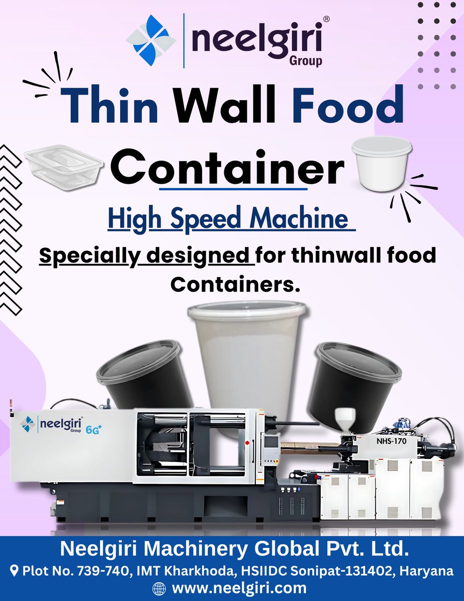 Neelgirigroup's tweet photo. Neelgiri high speed machine specially designed for thin wall food containers. 📈
#machinery #injectionmouldingmachine #injectionmolding #plasticmanufacture #foodcontaines #highspeedmachine #energyefficiency #neelgiri https://t.co/meIs5Xozyx
