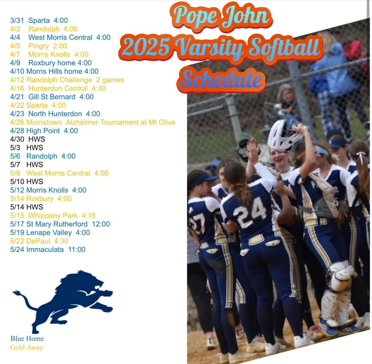 2025 Pope John Varsity Softball Schedule!! It is going to be a great year, Go Lions 🦁 💛💙
