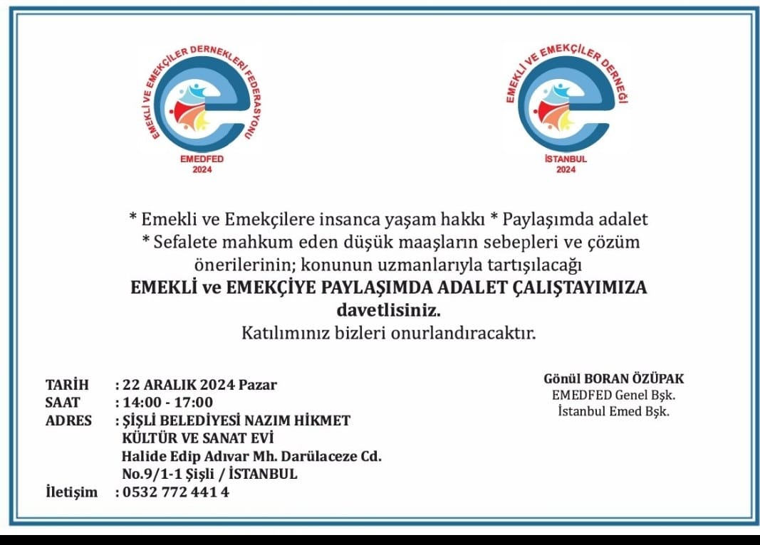 Müdahil olduğumuz Tuik' davasında, Tuik e neden dava açıldı? Ne aşamada neler yaşanıyor.

Tuik davasını tüm ayrıntıları ile konuşmak üzere,
22 ARALIK 2024 tarih saat 14.00-17.00 arası Şişli Nazım Hikmet Kültür Merkezinde yapacağımız Emekli ve Emekçilere Paylaşımda Adalet