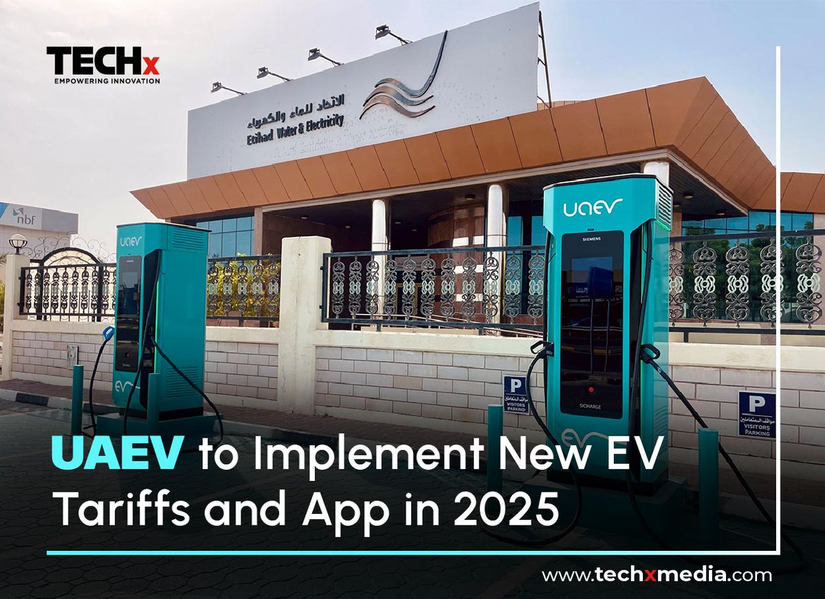 TECHxMediaUAE's tweet photo. UAEV's new EV charging tariffs start Jan 2025: 1.2 DHS/kWh for DC & 0.70 DHS/kWh for AC. A new app and 24/7 support will enhance user experience, supporting Net Zero 2050.
Read More: https://t.co/Lu0fEF9O8B
#NetZero2050 #UAEV #EVCharging #Sustainability #techxmedia https://t.co/eKkhL9tOXk