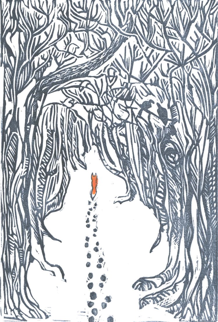 'Fox in the snow" by contemporary  printmaker Cat Moore #WomensArt