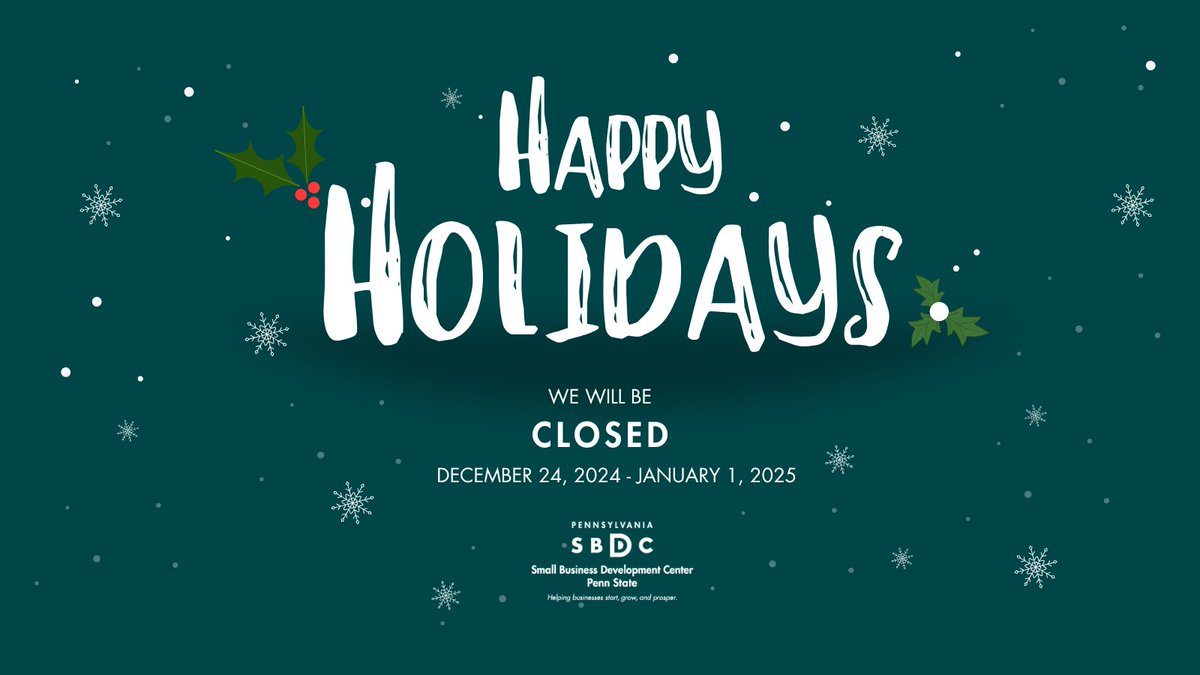 🎄 Happy holidays from all of us at the #PennStateSBDC! We're proud of our clients' 2024 successes and excited to see what 2025 brings.

Our offices will be closed Dec. 24–Jan. 1 for the holidays.
