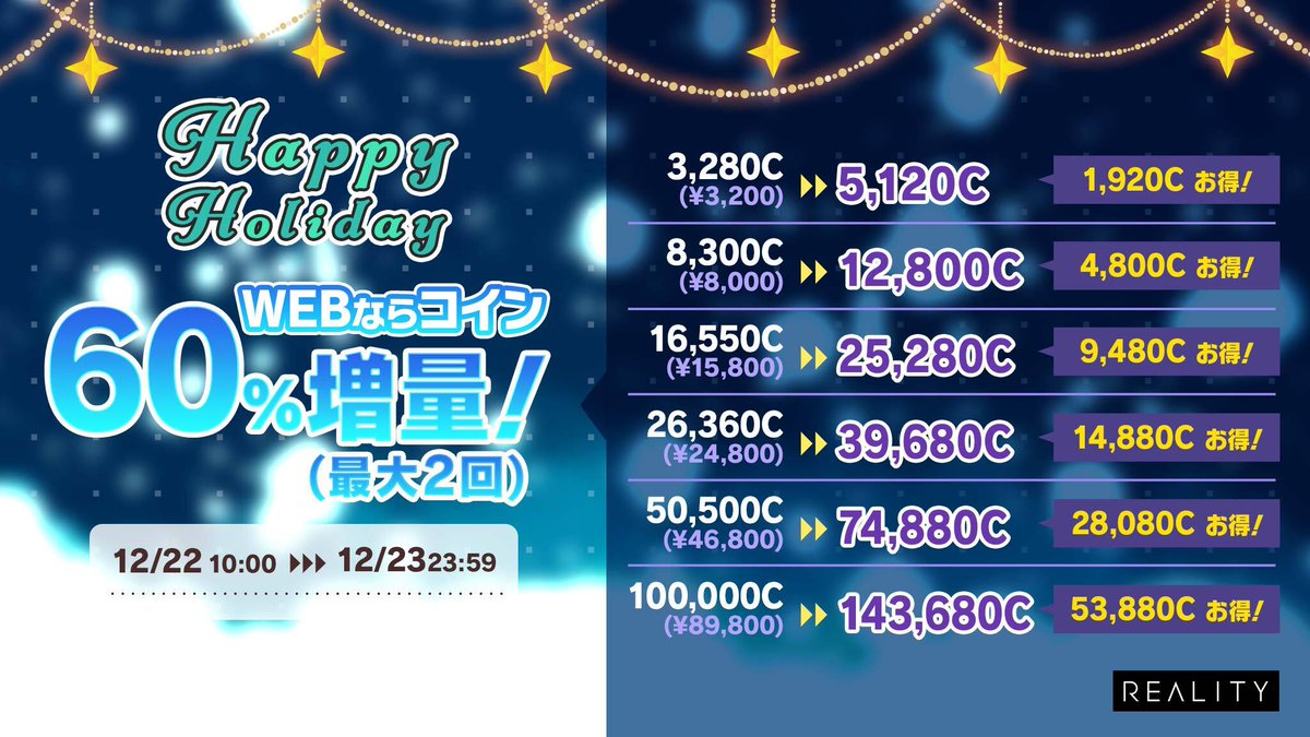 REALITY_app's tweet image. 🎉予告🎉
12/22 10:00~(JST)より
コイン増量販売を開催予定です🎁

「REALITY for WEB」で販売中の
様々なコインを最大【60%】増量✨

▼購入はコチラ
reality.app/mypage

#REALITY