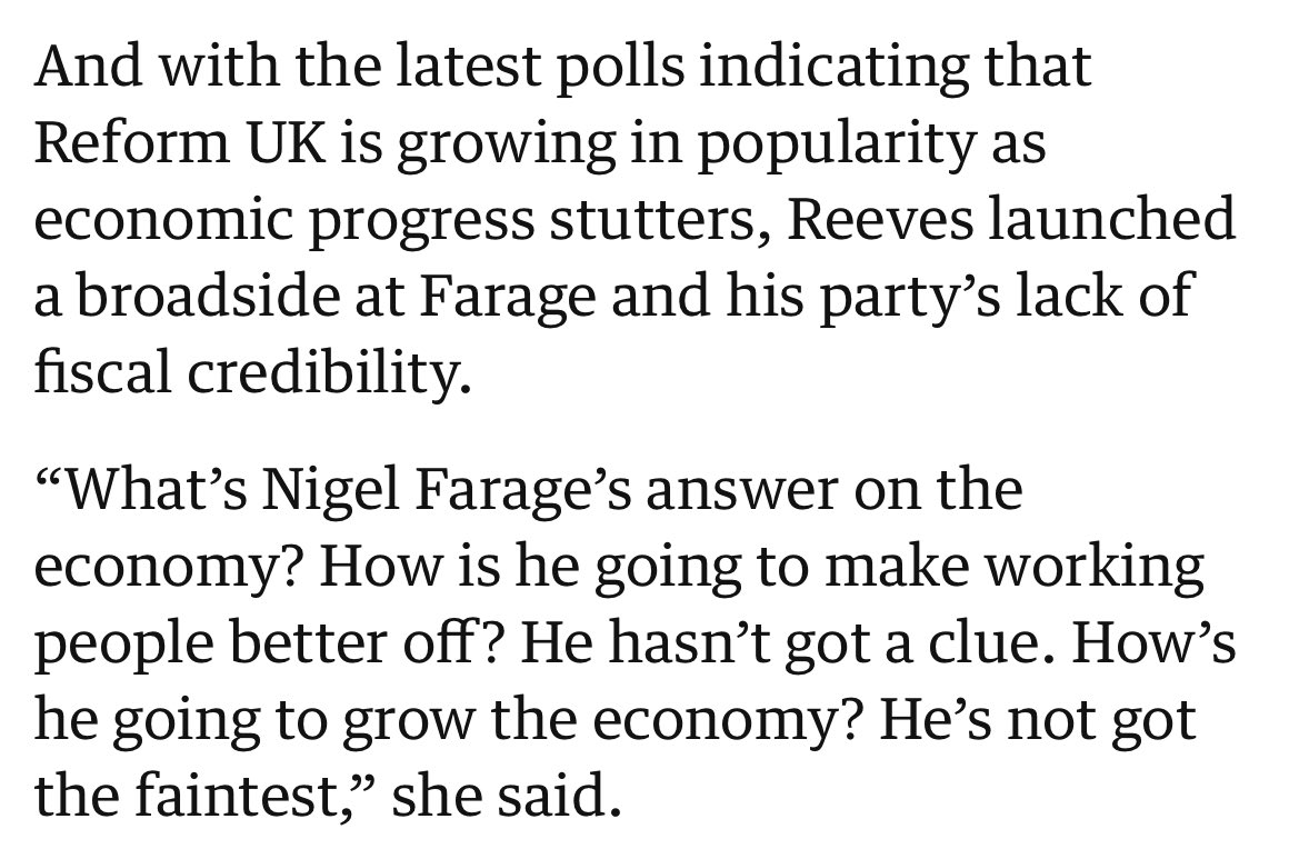 That <a href="/Nigel_Farage/">Nigel Farage MP</a> has drawn fire from <a href="/RachelReevesMP/">Rachel Reeves</a> shows Labour are beginning to accept Reform is already the real opposition.

She demands to know how Reform would make working people better off.

She would do well to remember leaders at Reform have had exceptional careers