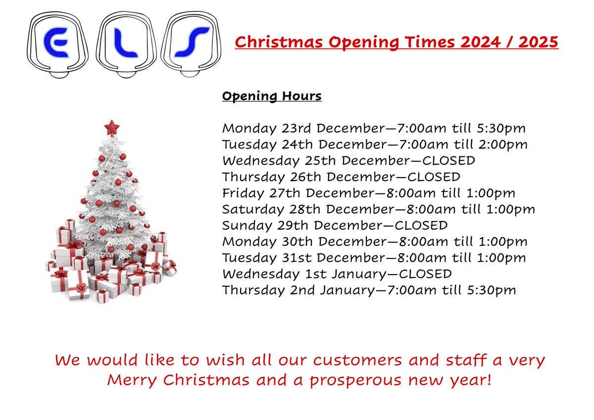 Here are our Christmas opening times to help you plan ahead!🎄

Thank you for your continued support throughout the year. Wishing all our staff and customers a Merry Christmas! 🎅🌟