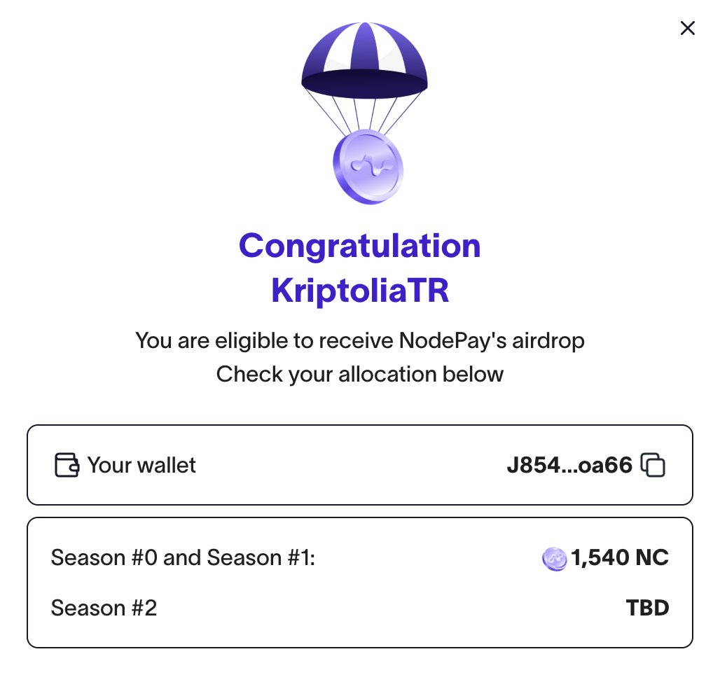 Nodepay İlk Airdrop Checker Geldi! 🪂 En başından beri içerisinde olduğumuz Nodepay  airdrop miktarları belli oldu! Henüz resmi açıklama yok ve ikinci sezon  dahil değil. 👀 Checker link: https://t.co/5EZXdpGON1 Bitger çekiminde 15 $