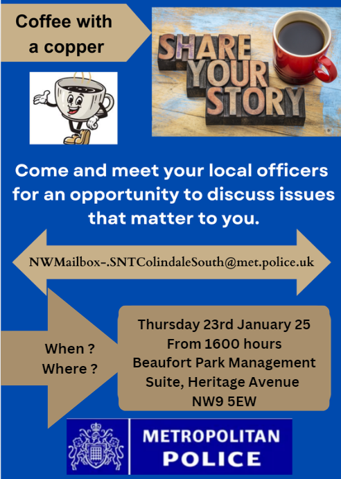MPSColindale's tweet photo. Cuppa with a Copper !!!👮👮👮

Come and join us for a chat with your local Safer Neighborhood Community Officers. https://t.co/k0l4kDPHnv