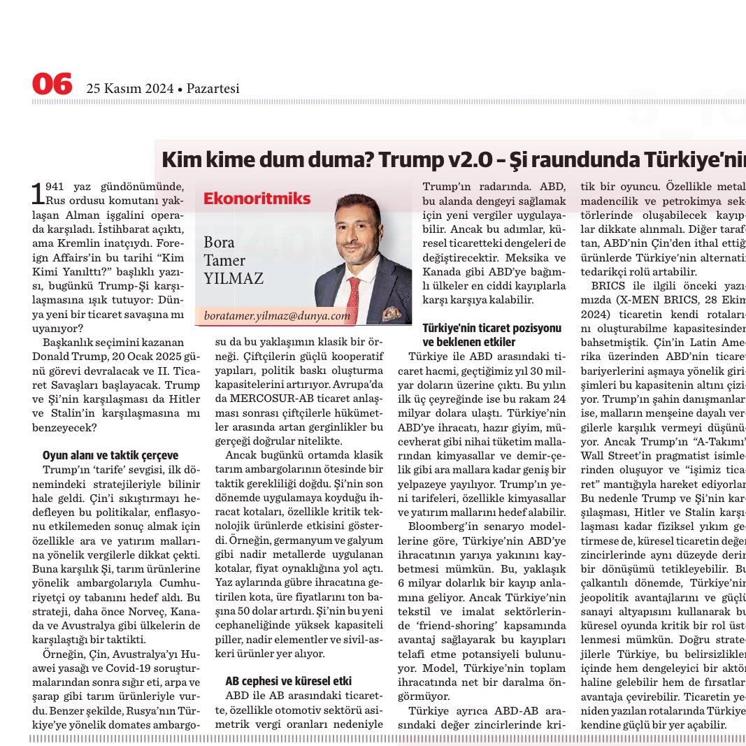batarya's tweet photo. .@kemalkirisci @soliozel2 @sinanulgen1 #EconomicStatecraft “İktisadi #Devletçilik” küresel #diplomasi stratejilerinde giderek daha fazla önem kazanıyor. 🌍♟️

#Brezinski’nin küresel satranç tahtasında, #jeostratejik oyun tarzı artık #ekonomik diplomasiyi merkeze alıyor. 💡 İktisadi güç, yalnızca ticaret değil, aynı zamanda diplomatik hamlelerin de en önemli aracı haline geliyor. #Metternich’in ahenginden 🎻, #Bismarck’ın real politiğine 🛡️, #Kennan’ın sınırlandırma doktrininden 📜, #Kissinger’ın pragmatizmine 🤝 ve #Trump’ın ticaret savaşlarına 💥 uzanan #jeopolitik bir dönüşüm yaşanıyor.

📊 #Ekonoritmiks, bu yükselen konsepti ve Trump’ın görevi devralmaya hazırlandığı süreçte oluşan yeni diplomatik senaryoları, olası #Türkiye etkileriyle birlikte mercek altına aldı. 🔎 Detaylar Dünya Gazetesi yazılarımda: 🗞️✍🏻👇🏻

📌 X-MEN BRICKS: https://t.co/pYC6VnMiUr

📌 Kim Kime Dum Duma: https://t.co/WrJjoedFzr

📌 Noel Baba: https://t.co/nhj4KjQV7S

📢 Görüşlerinizi paylaşarak bu yeni dönemin etkilerini tartışmaya katılın! 💬

#Jeoekonomi #Diplomasi #İktisadiDevletçilik #ABD #Trump #Ekonomi #GlobalDiplomasi #Jeostrateji #Jeopolitik

@ryilmazesmer @EKLMCI @MenaInNews @barisesen @mustafa98246961 @SelvaDemiralp @SelvaBaziki @NesliKoroglu @MuratYetkin2 @BaykaraMuharrem @berilakman @CeyhunElgin @cem__soner @gizemuzuner_ @aysu_bicer @ecihan_unal @hlyomur @sakirturan @drinancs @AtillaYesilada1 @e507 @semih_sakalli @MeseleEkonomi @RefetGurkaynak @ProfDemirtas @EOcakverdi @bgurdamar @belginyakisan @ali_hakan_kara @iktisatoplum @FethiyeColak @ofc1962 @drelifyildirim @omgencal @erdalsaglama @medyascope @cakir_rusen @dunyagazetesii @Bloomberg @ForeignAffairs @realDonaldTrump