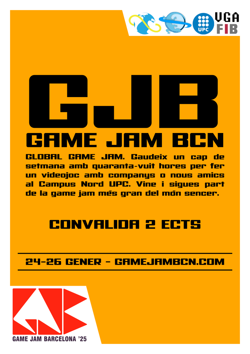 gamejambcn's tweet photo. A causa de canvis de gestió i amb la intenció de poder oferir una millor qualitat de l'esdeveniment als nostres participants. Hem ampliat l'esdeveniment al dia divendres 24 i la ubicació serà en els edificis del la UPC. https://t.co/S4zrS8t8ma