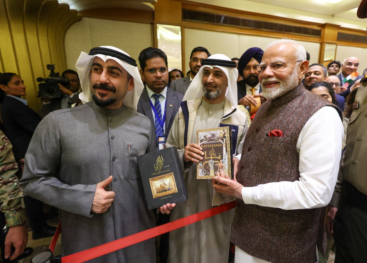narendramodi's tweet photo. Happy to see Arabic translations of the Ramayan and Mahabharat. I compliment Abdullah Al-Baroun and Abdul Lateef Al-Nesef for their efforts in translating and publishing it. Their initiative highlights the popularity of Indian culture globally. https://t.co/3tlxauYUK5