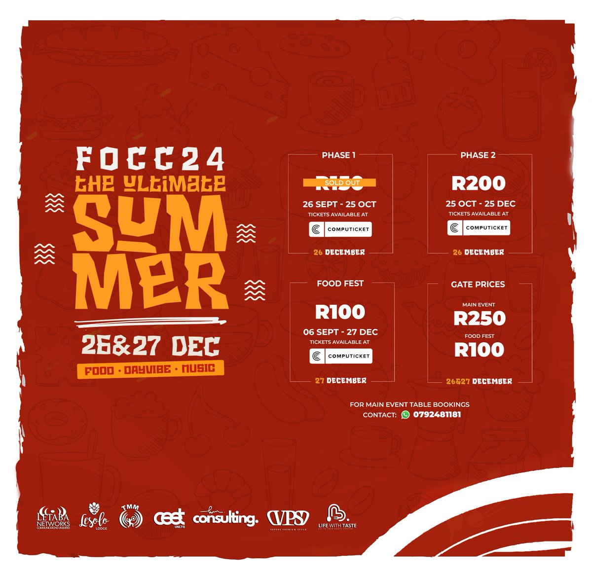 4 DAYS TO GO!
#TheUltimateSummer is almost here!

🔥 TICKET PRICES:
• Day 1 (Main Event – 26 Dec):
R200 (Pre-sale) | R250 (Gate)
• Day 2 (Food Fest – 27 Dec): R100

📍 Venue: Lesolo Lodge, Burgersfort
🗓️ Dates: 26–27 Dec 2024

📲 WhatsApp 079 248 1181 for table bookings.