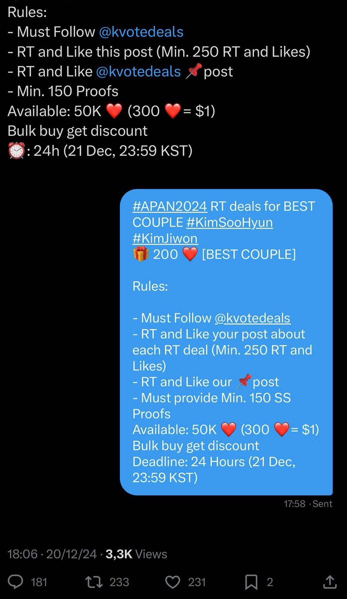 voteforsoowon's tweet image. #APAN2024 RT deals for BEST COUPLE #KimSooHyun #KimJiwon
🎁 200 ❤️ [BEST COUPLE]

Rules:

- Must Follow @kvotedeals
- RT and Like your post about each RT deal (Min. 250 RT and Likes)
- RT and Like our 📌post
- Must provide Min. 150 SS Proofs
Available: 50K ❤️ (300 ❤️= $1)
Bulk…