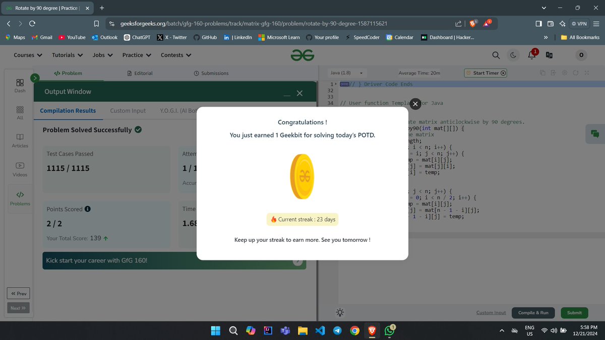 omtweet_'s tweet photo. #Day_37 of #gfg160  Challenge by
@geeksforgeeks
Today's problem: Given a square matrix mat[][] of size n x n. The task is to rotate it by 90 degrees in an anti-clockwise direction without using any extra space. #geekstreak2024 https://t.co/i2QdBRTkEi