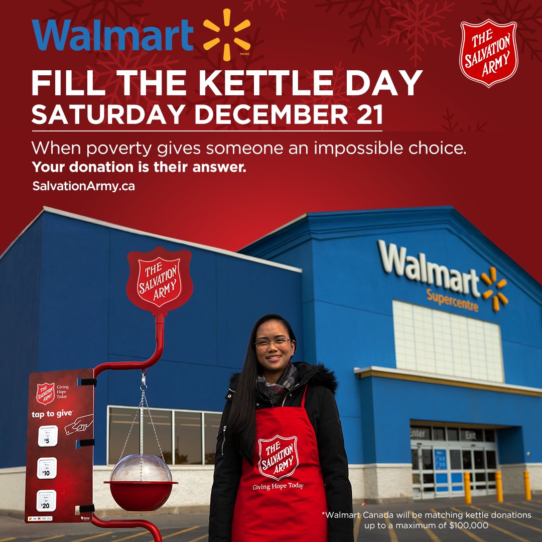 salvationarmy's tweet photo. It’s @WalmartCanada Fill the Kettle Day! Walmart is DOUBLING your impact by matching donations up to $100,000 to provide the resources struggling families in Canada need to get back on their feet. 

Visit participating Walmart locations today! https://t.co/cDmuAasjeg