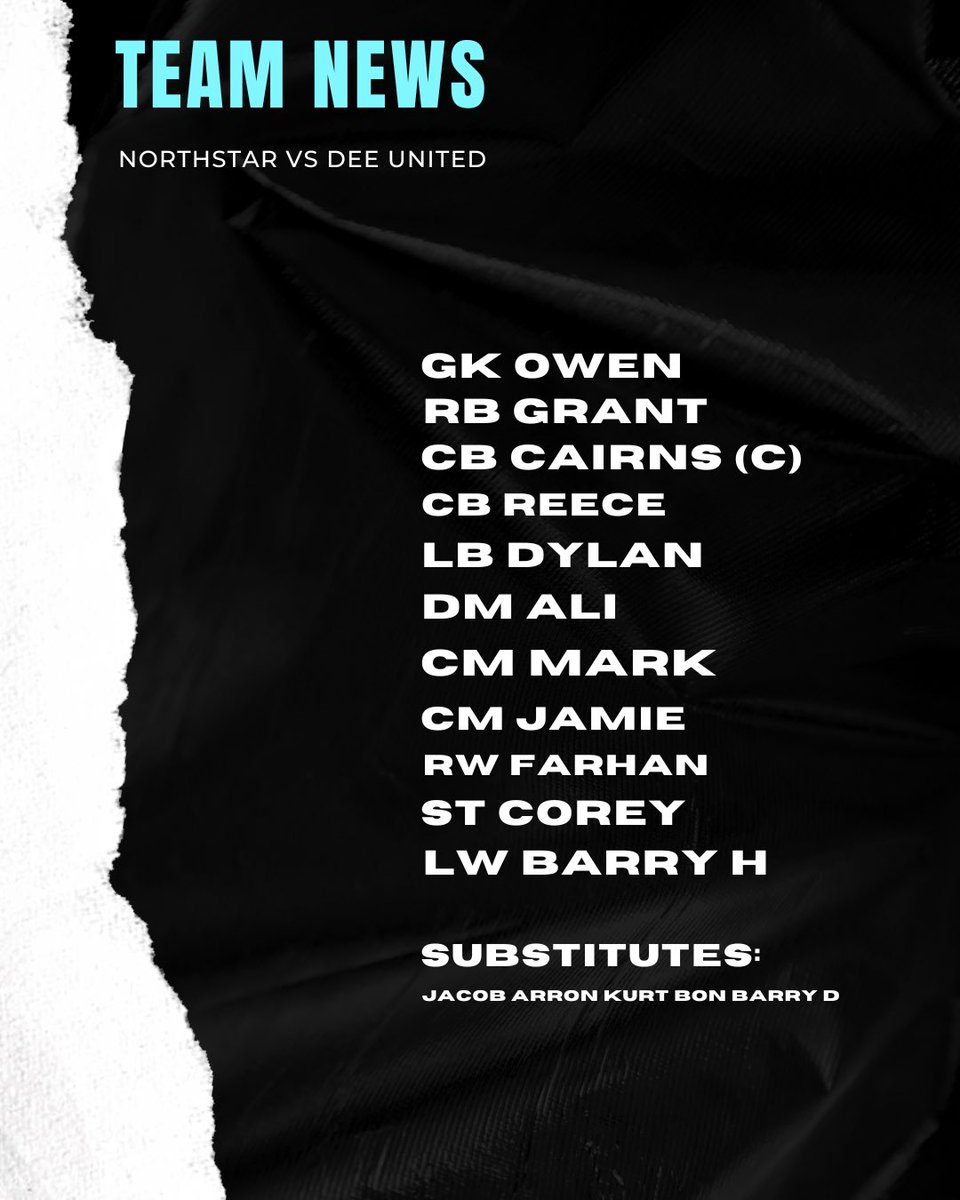 DeeUnited_FC's tweet photo. TEAM NEWS - NORTHSTAR 🅰️
Reece in at the back
Jamie comes into midfield
Barry H comes in on the wing
#DeeItAndBeUnited #NSTARDEE https://t.co/pX1mAqfqNk