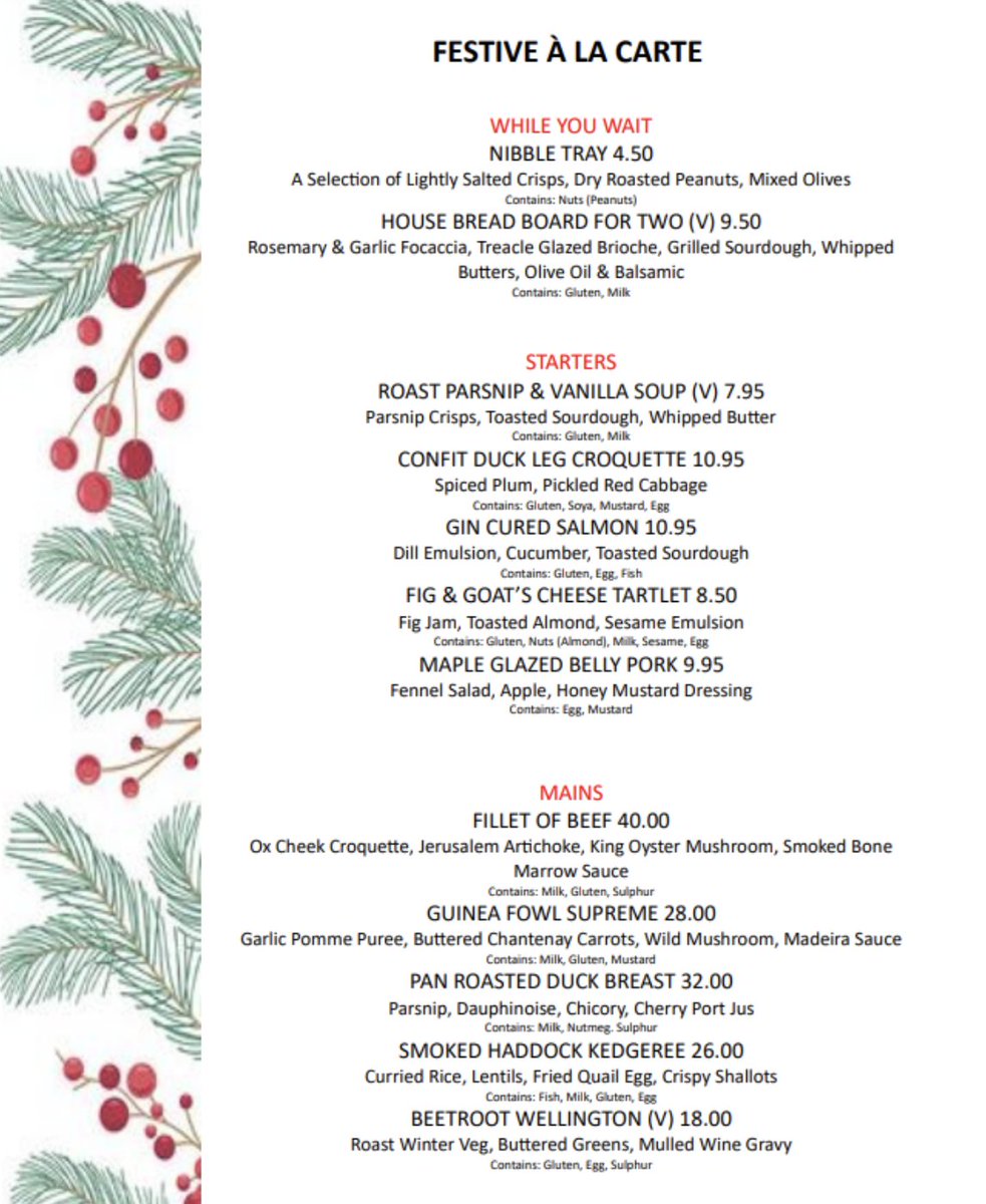 🍽️ Indulge in our fabulous Festive A La Carte Menu. 

🤩 Our talented chefs have crafted a spectacular autumnal menu, taking advantage of seasonal ingredients and produce. 

A La Carte is served at both lunchtime and evening, so whatever time you wish we have you covered.