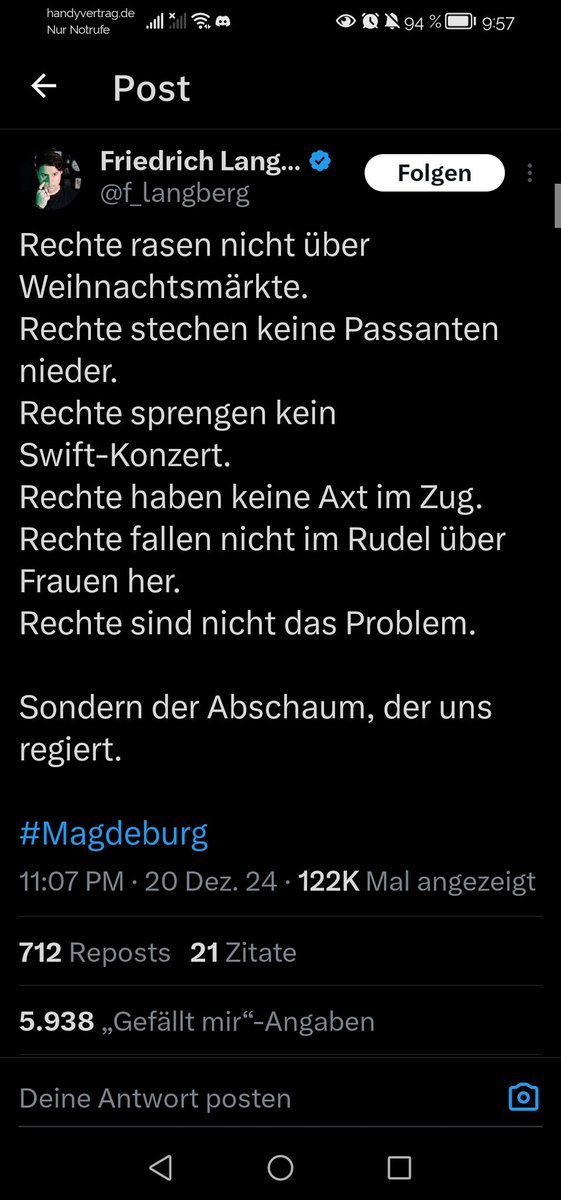 JMaarleey's tweet photo. @schizoswoche Will hierzu mal auf einen Mann aufmerksam machen, der auch ganz starke rassistische &amp; rechte Tendenzen aufführt. Solchen Leuten ist das egal, ob Moslem oder nicht. Es war ein Ausländer der die tat begangen hat. Der Vorname ist wichtig, nicht die Tat. Einfach traurig. https://t.co/H6JWq5vU16