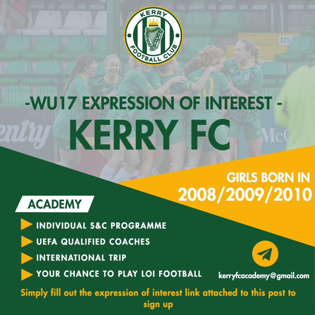 kerryfcacademy's tweet photo. Would you like to play for Kerry FC? 🟢⚪️ 

We are currently looking for expressions of interest for our Women's Under 17 side for 2025  

Please fill out the below form to register  
🔗 https://t.co/Van8AevxkV… 

#WeAreKerryFC https://t.co/isNeOOsAKF
