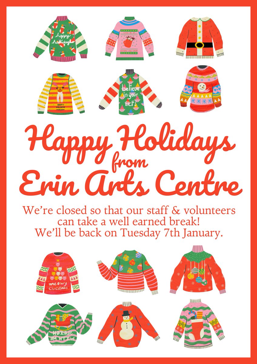 Happy holidays! We are now closed for Christmas &amp; New Year but we'll be back open as usual (10-4.30pm Tuesday to Friday) from Tuesday 7th January 2025. #happyholidays #merrychristmas #happynewyear #erinartscentre #porterin #isleofman #nollickghennal