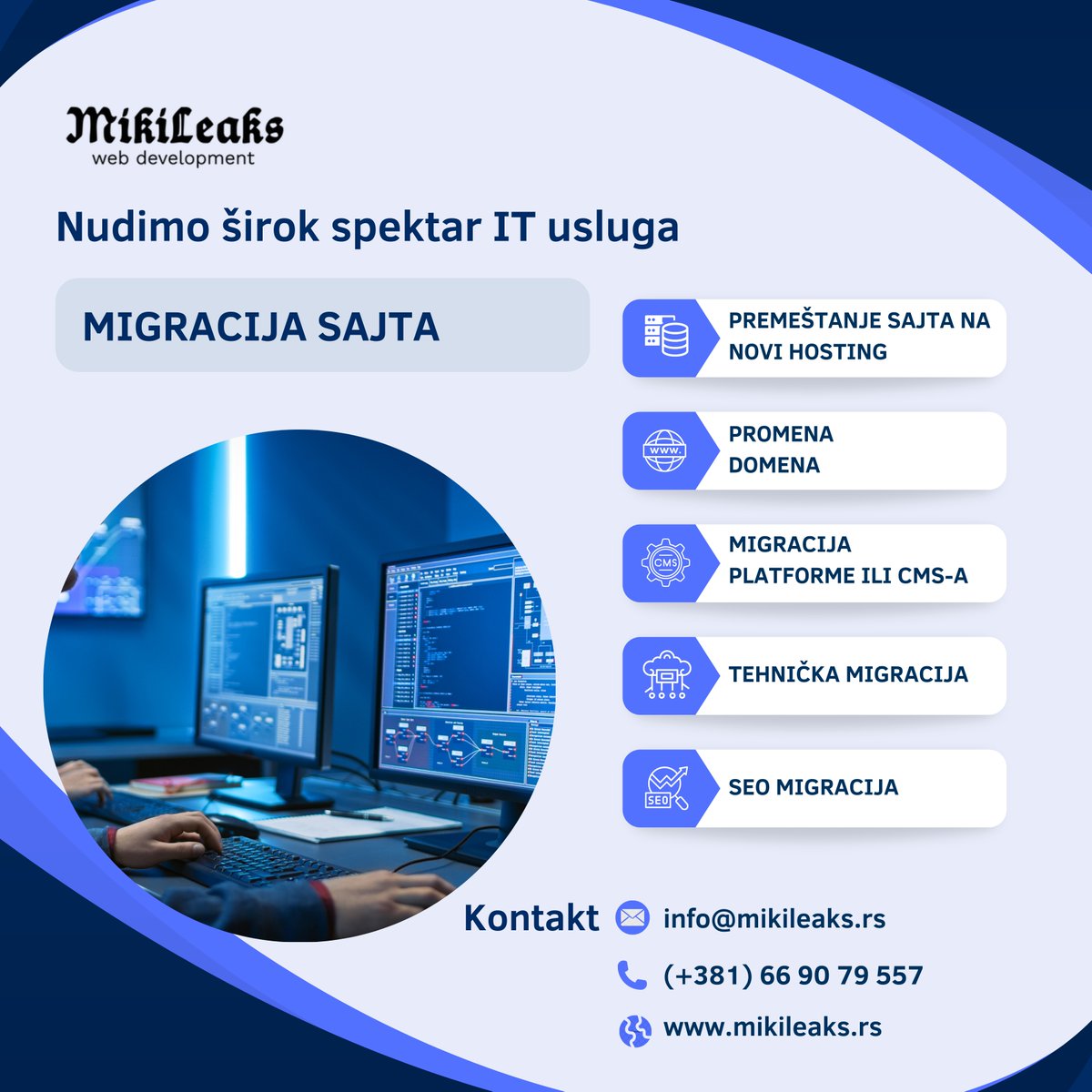 mikileaks_web's tweet photo. Nudimo širok spektar IT usluga 

MIGRACIJA SAJTA

- Premeštanje sajta na novi hosting
- Promena domena
- Migracija platforme ili CMS-a
- Tehnička migracija
- SEO migracija
- Migracija sadržaja
- Testiranje i validacija

https://t.co/RD0eUqVeex https://t.co/evnOAdBgma
