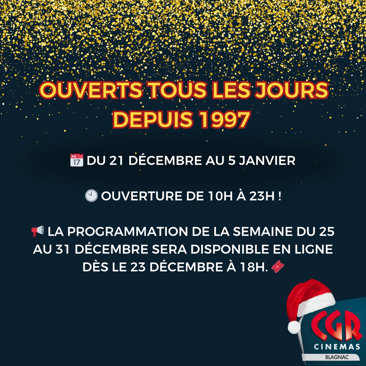 🎬 Ouverts tous les jours depuis 1997 🎬

📅 Pour ces vacances, profitez de nos horaires étendus :
🕙 Ouverture de 10h à 23h !

📢 La programmation de la semaine du 25 au 31 décembre sera disponible en ligne dès le 23 décembre à 18h.