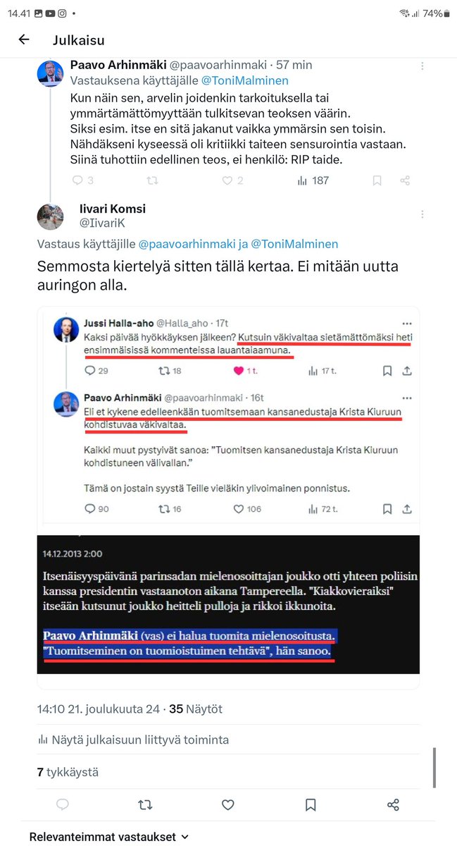 "Yllättäen" Paavo Arhinmäki ei tuominnut Riikka Purran tappamisella mässäilevää graffitia. Ja yllättäen Paavo blokkasi minut sen jälkeen, kun otin esiin hänen kaksinaismoralisminsa näiden tuomitsemisten suhteen.