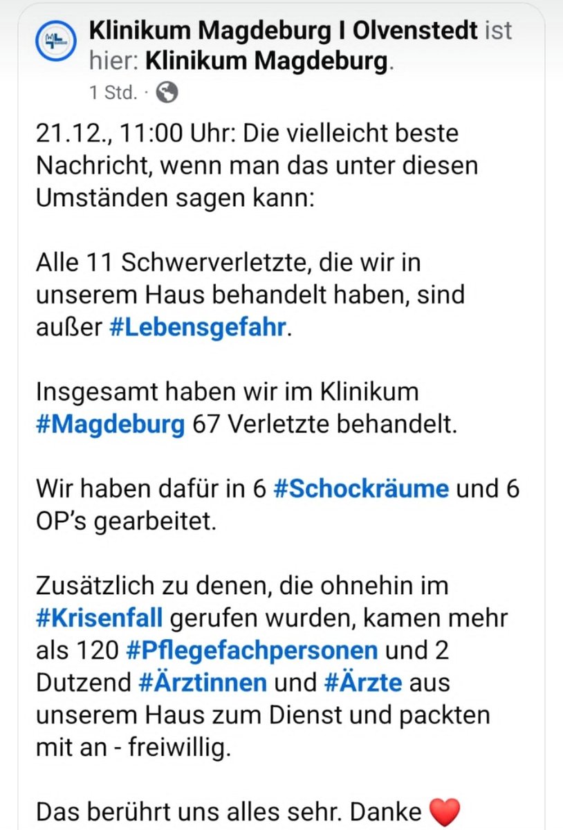 Das Klinikum #Magdeburg in Olvenstedt berichtet, dass alle 11 im Haus behandelten Schwerverletzten außer Lebensgefahr sind 🙏. 120 Pflegefachpersonen und zwei Dutzend Ärztinnen und Ärzte kamen zusätzlich hinzu - freiwillig.