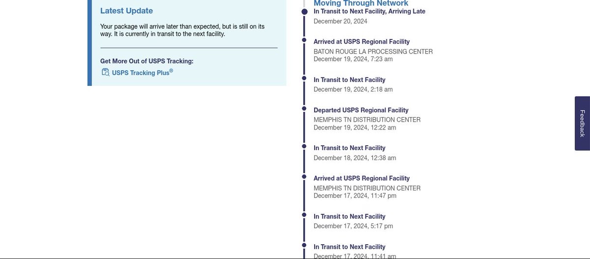 bluegreen91's tweet photo. @USPSHelp What's happening here? PA > TN > FL > TN > LA > TN > LA > ? Delivery was estimated for 12/17, now no date at all? #roguepackage https://t.co/be7gHFmJs6