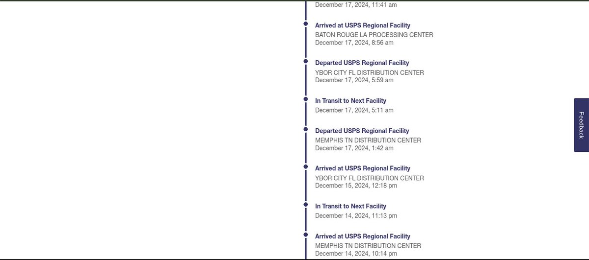 bluegreen91's tweet photo. @USPSHelp What's happening here? PA > TN > FL > TN > LA > TN > LA > ? Delivery was estimated for 12/17, now no date at all? #roguepackage https://t.co/be7gHFmJs6