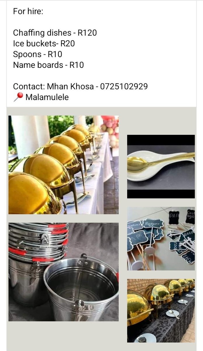 Catering equipment for hire: 

🍲
🥄 
📜
📍  Malamulele