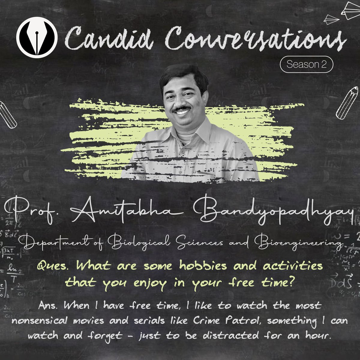 voxiitk's tweet photo. Join us in the 3rd part of this season of Candid Conversations, with Professor @abandopa from the department of Biological Sciences and Bioengineering, as we explore his thoughts on the campus culture and college times, his favourite culinary indulgences,

1/4 https://t.co/bCQXhRIazm